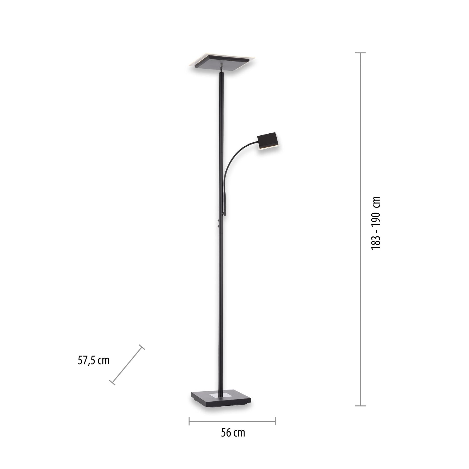 Sideprofil av LED gulvlampe Hans med leselampe kantet svart dimbar JUST LIGHT