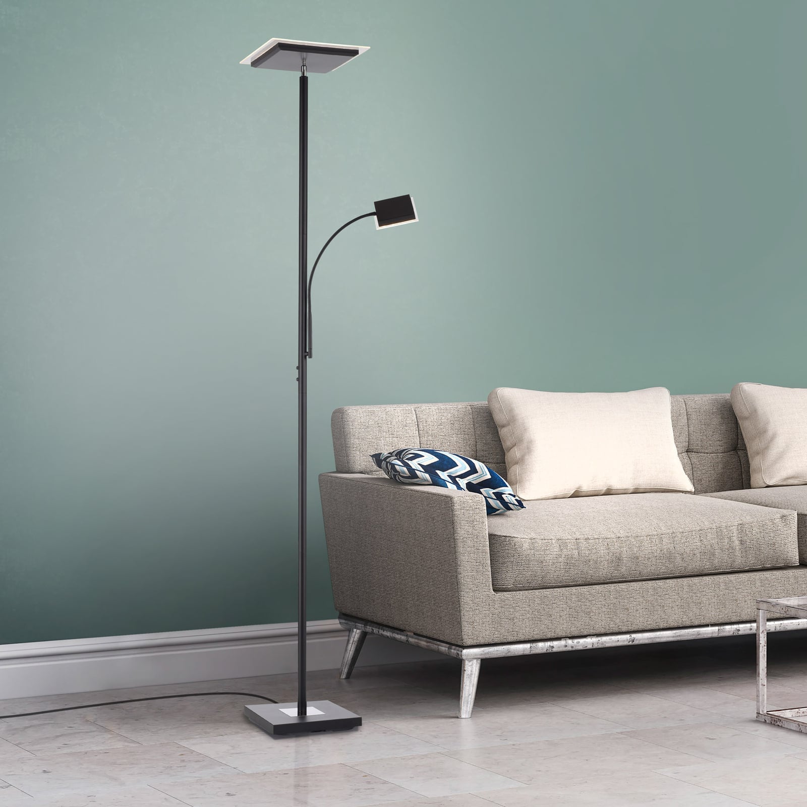 LED gulvlampe Hans med leselampe kantet svart dimbar JUST LIGHT kabel og fot