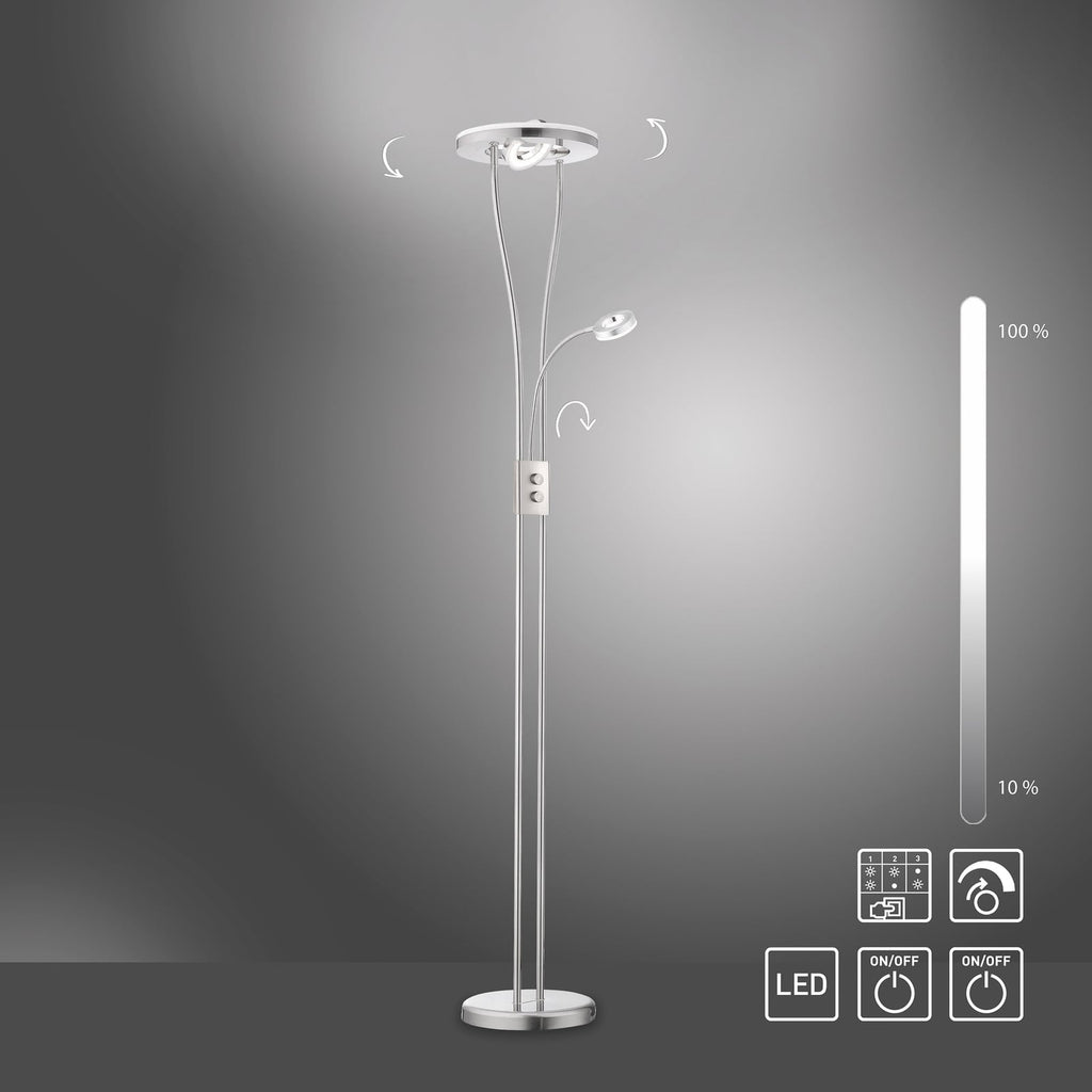 Nærbilde av leselys på LED gulvlampe Helia med leselys stål dimbar 198 cm