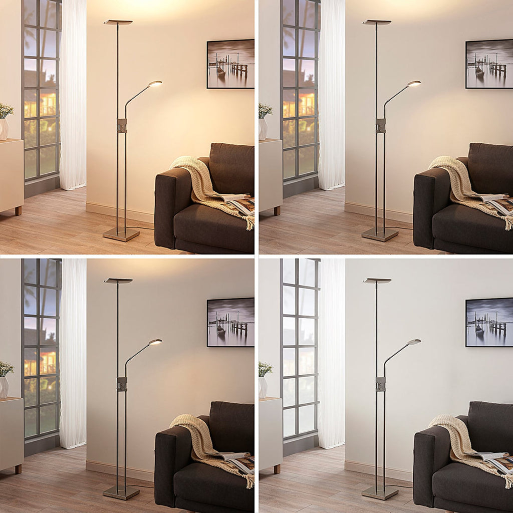 LED gulvlampe Jonne med lesearm dimbar nikkel montert i stue