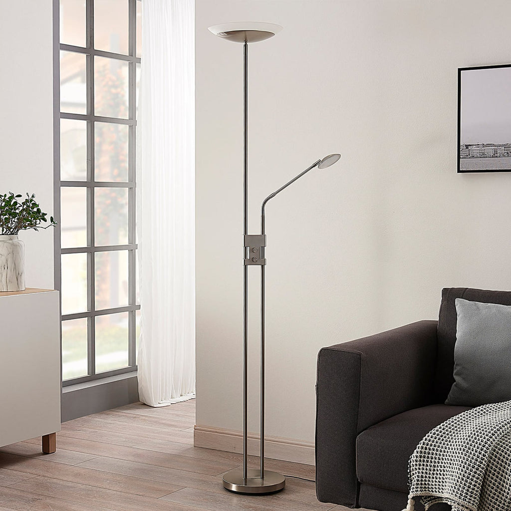 LED gulvlampe Jonne rund med lesearm dimbar nikkel 180 cm forfra