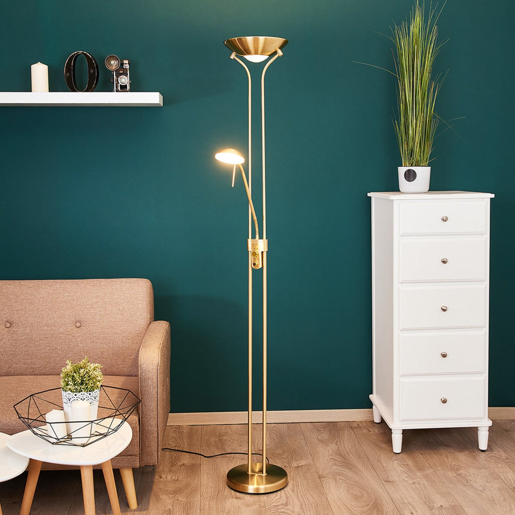 LED gulvlampe Josefin med lesearm dimbar messing 180 cm forfra