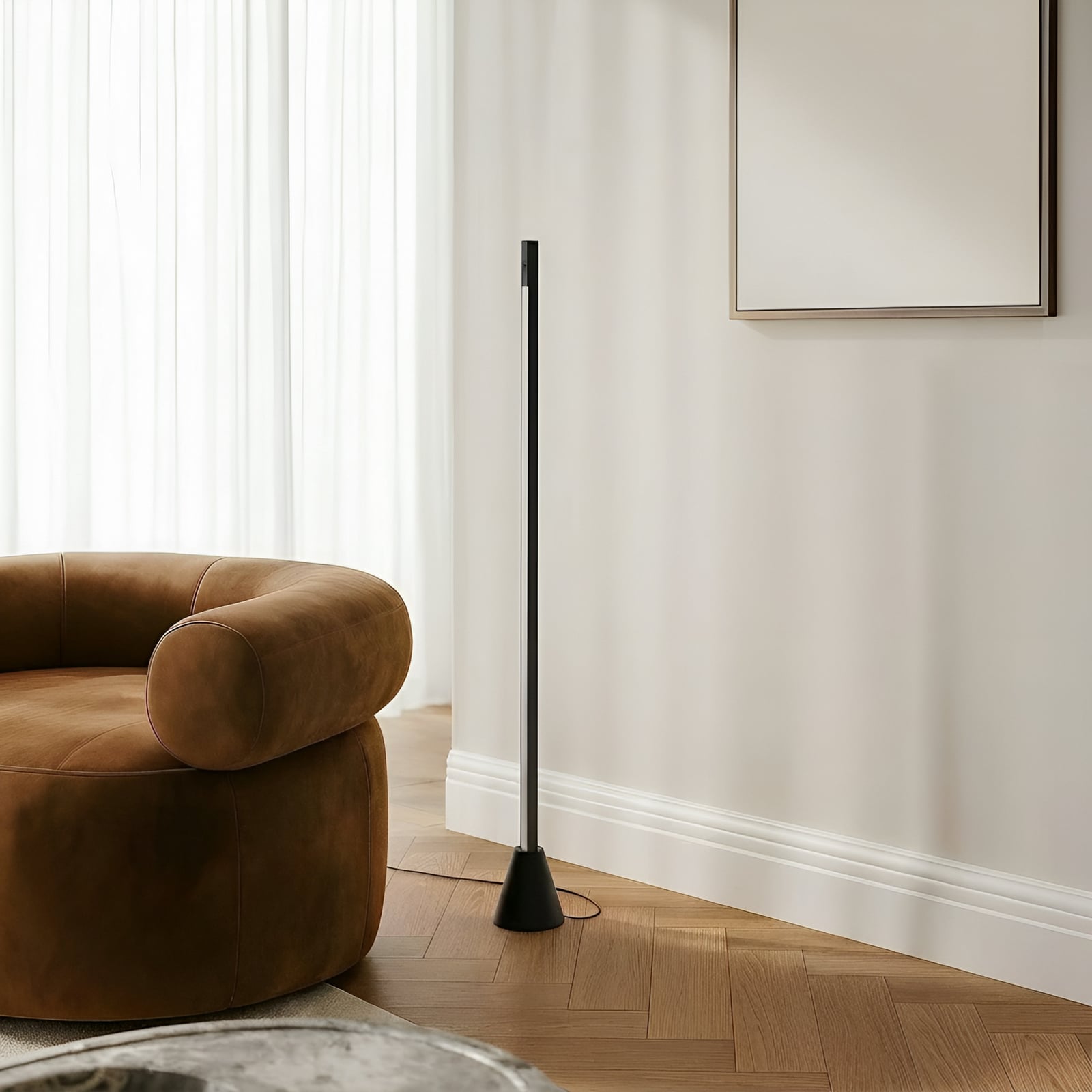 LED-gulvlampe Linija svart aluminium dimbar detalj av geststyring