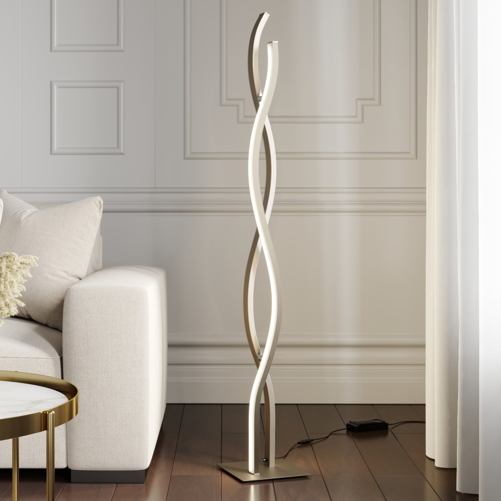LED gulvlampe Mairia bølgeformet aluminium dimbar 140 cm forfra