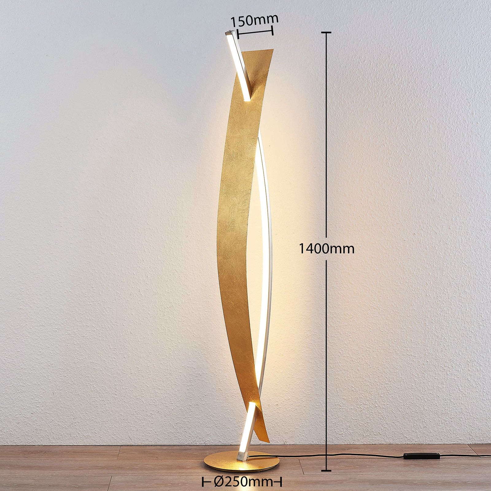 LED gulvlampe Marija dimbar gull/sølv slått på