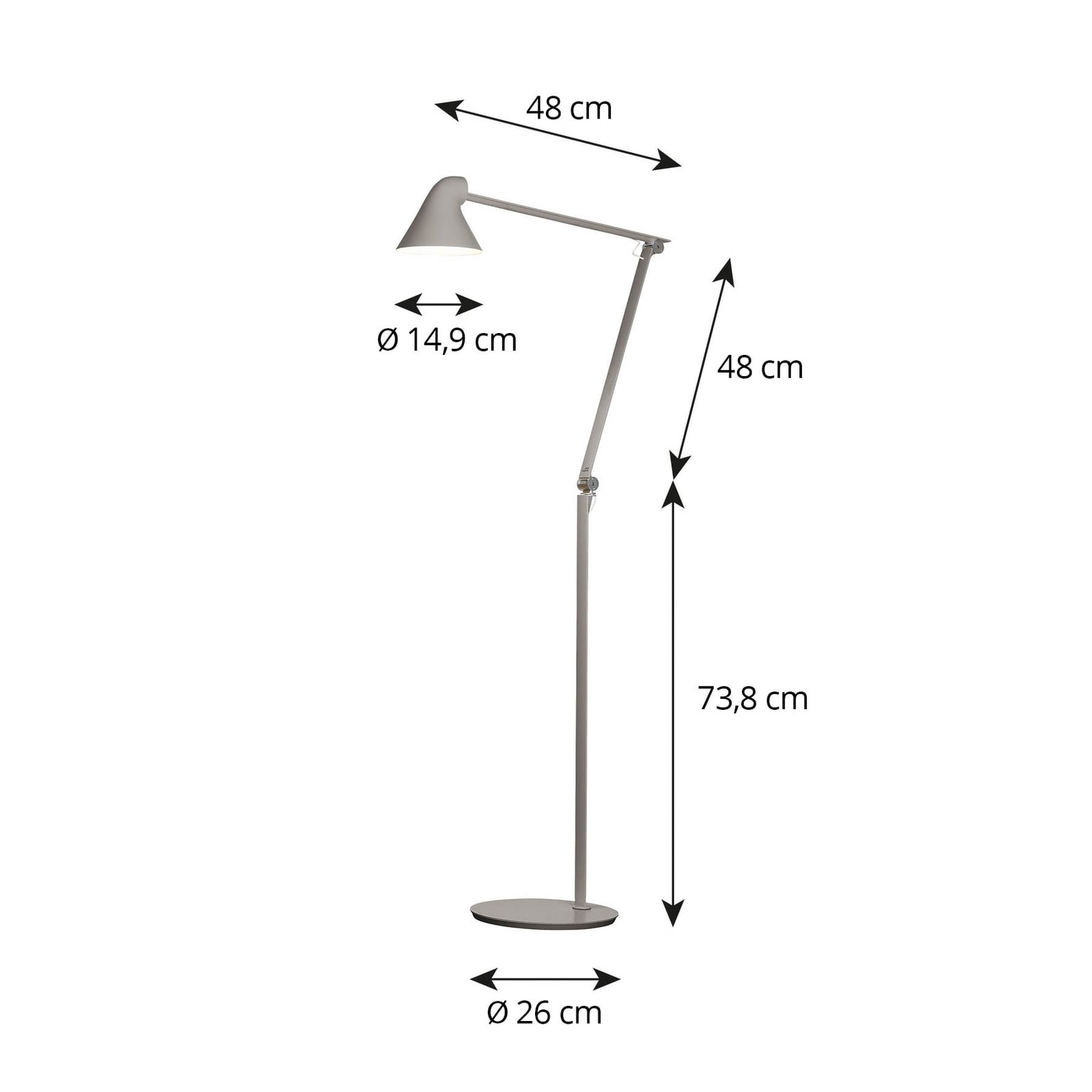 LED gulvlampe NJP dimbar høydejusterbar lysegrå 10W nærbilde av lampehode