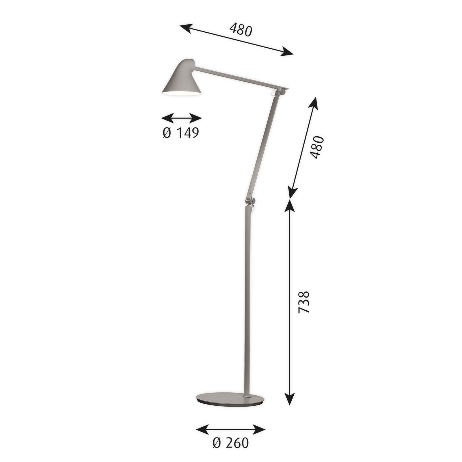 Detaljbilde av ledd og fjærer på LED gulvlampe NJP dimbar justerbar lysegrå 2700K