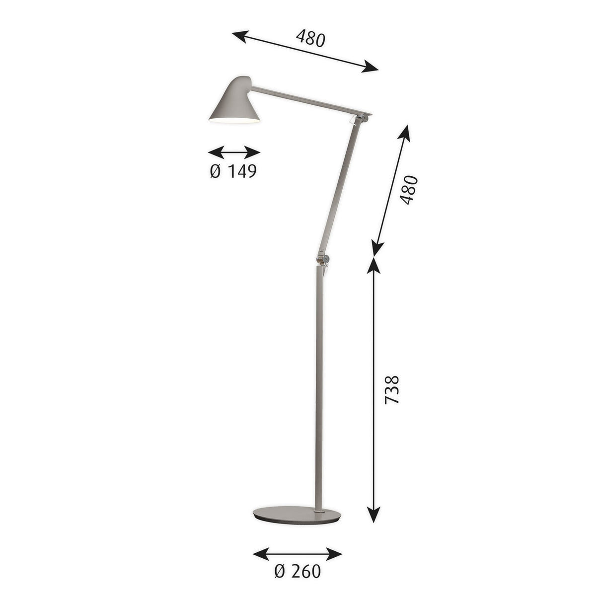 Detaljbilde av ledd og fjærer på LED gulvlampe NJP dimbar justerbar lysegrå 2700K