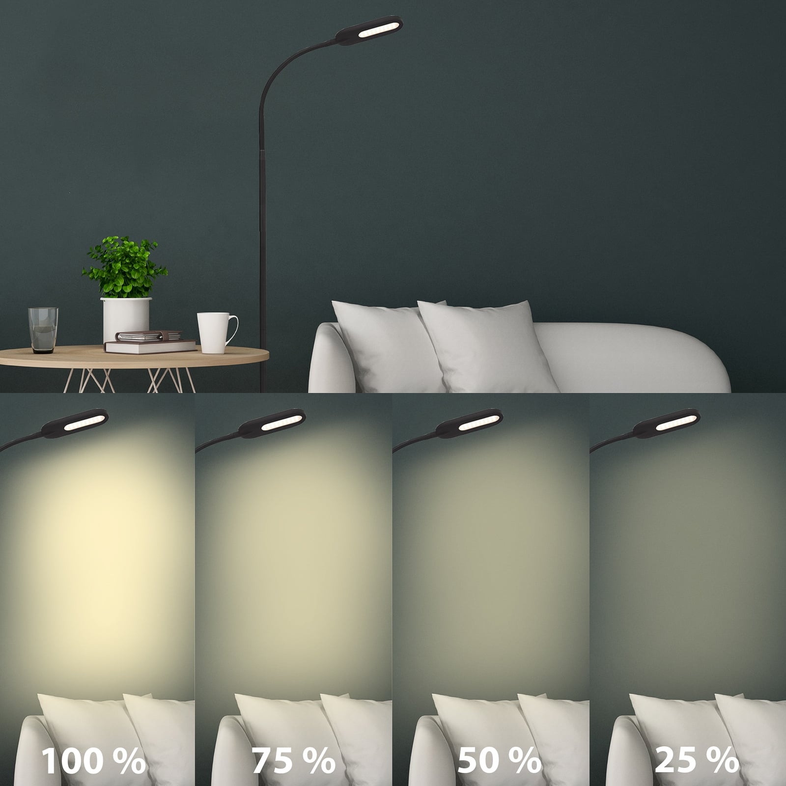 LED gulvlampe Office Step dimbar svart CCT 8W detalj av touchbryter