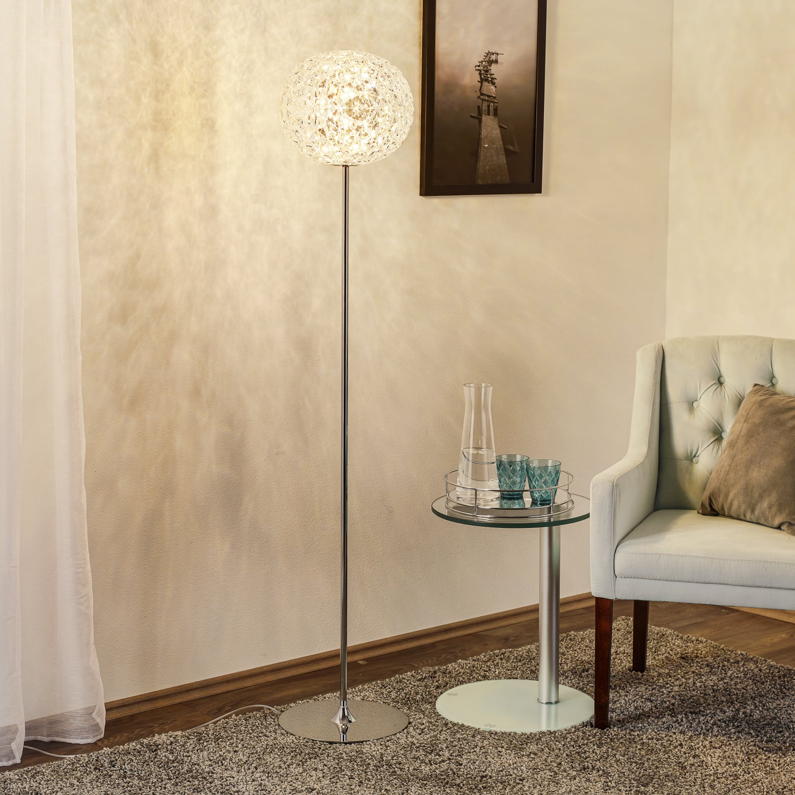 LED gulvlampe Planet krystallklar dimbar forfra