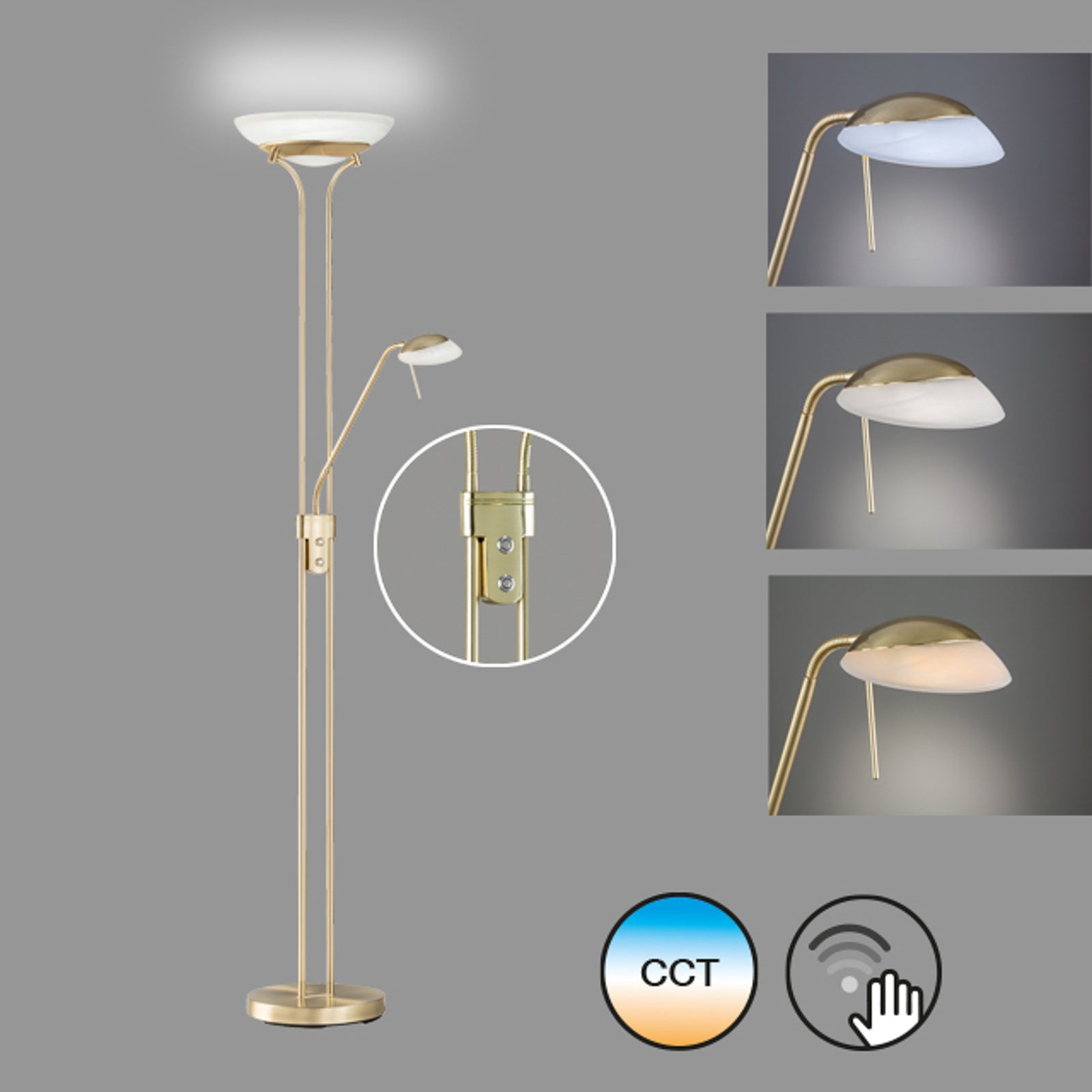 Nærbilde av lampehode på LED gulvlampe Pool med leselampe dimbar CCT messing 182 cm