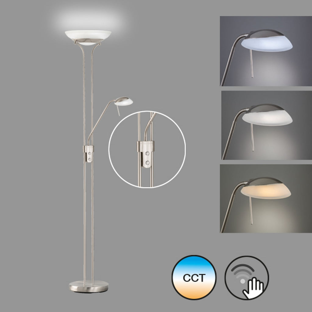 Nærbilde av metall og glass på LED gulvlampe Pool med lesearm CCT dimbar
