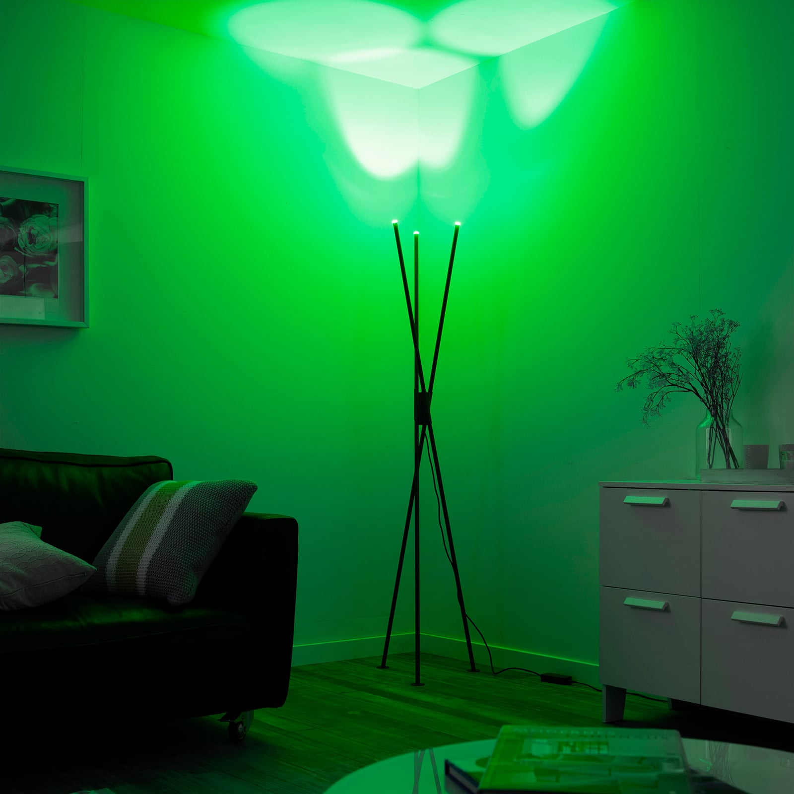 LED gulvlampe Q-PETER 3-lys RGB CCT Zigbee antrasitt fjernkontroll