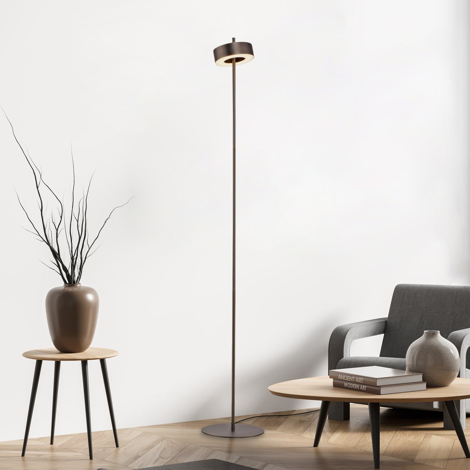 LED gulvlampe Q-Rotate mørkebrun forfra