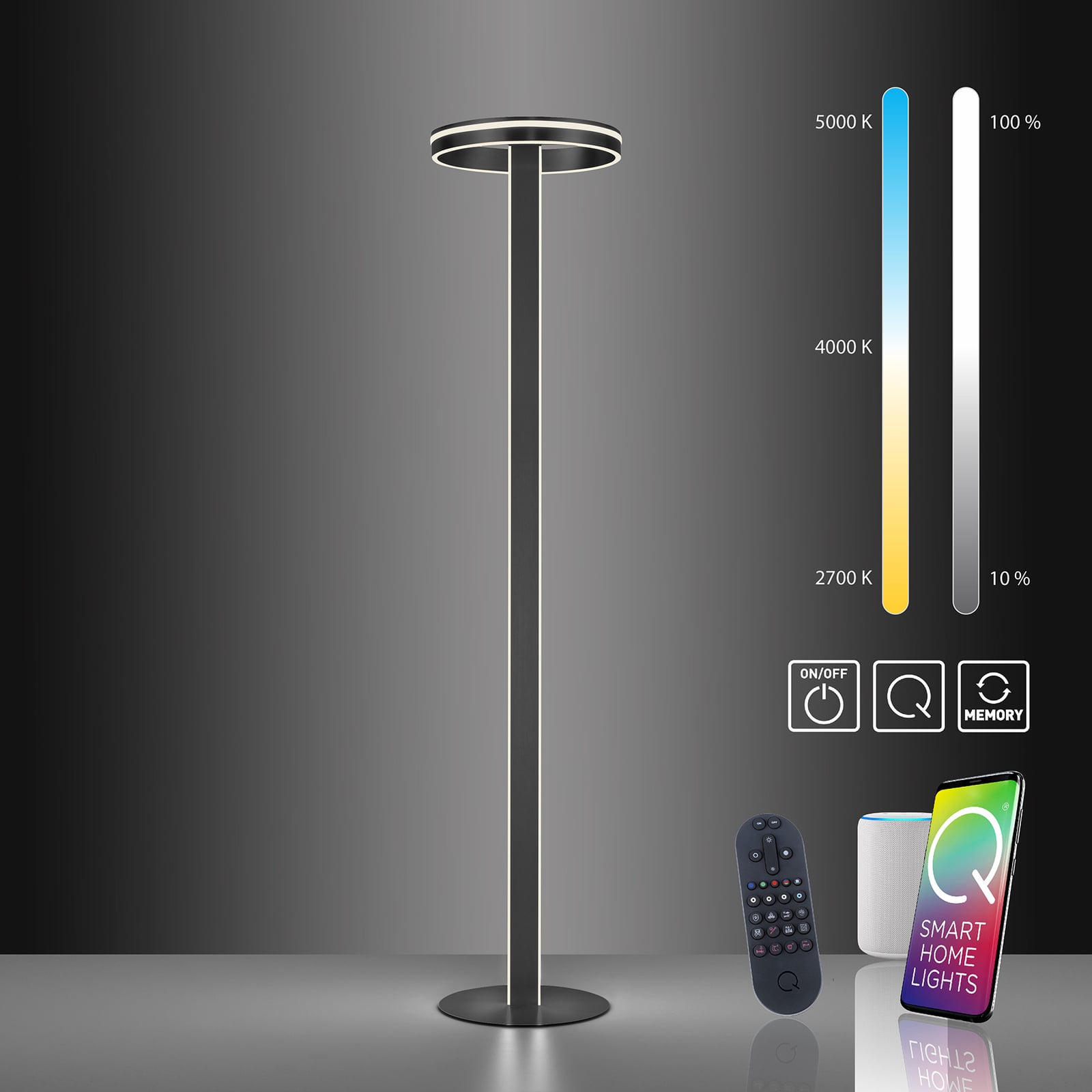 LED gulvlampe Q-VITO CCT dimbar Zigbee antrasitt fleksibel skjerm