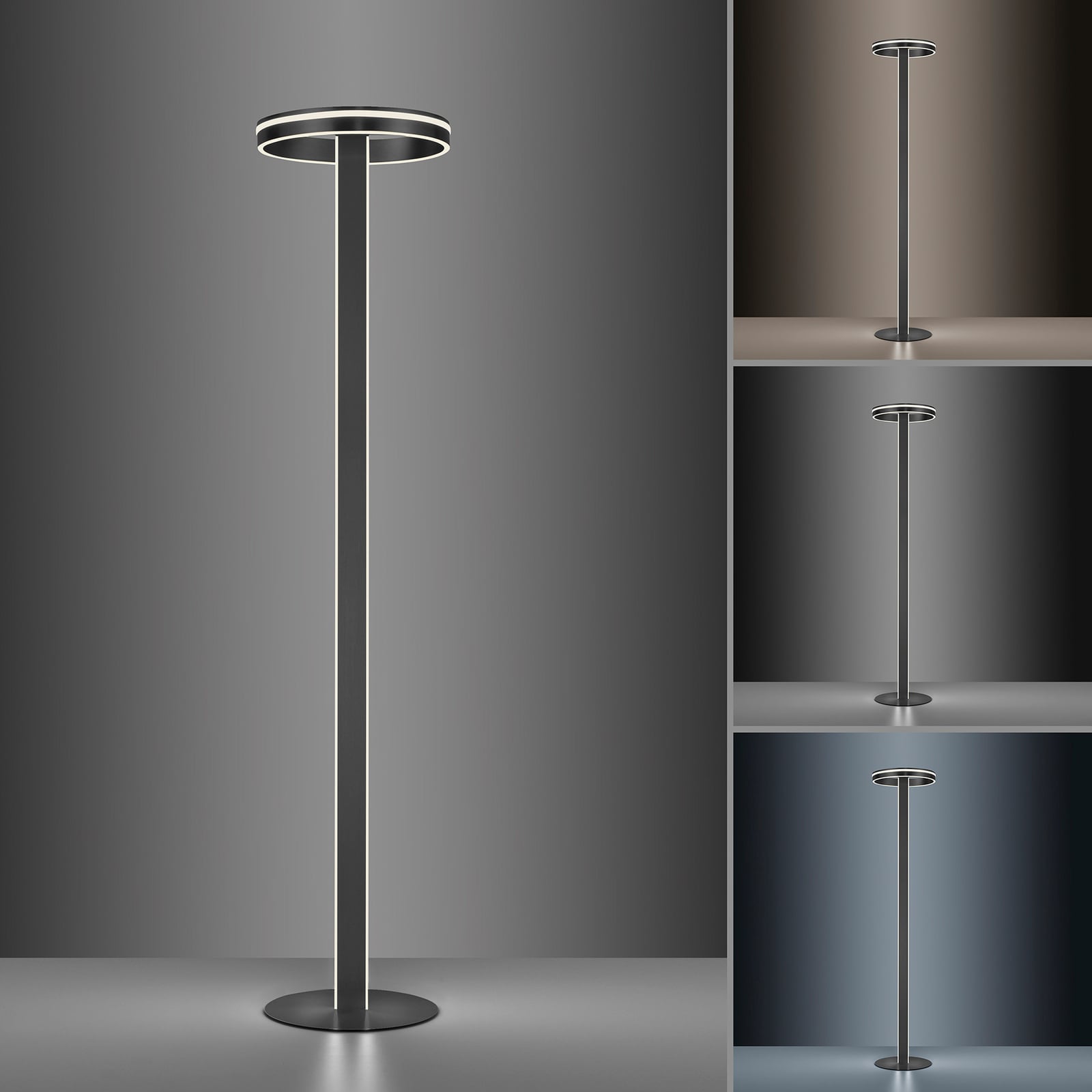 LED gulvlampe Q-VITO CCT dimbar Zigbee antrasitt lyser i mørkt rom