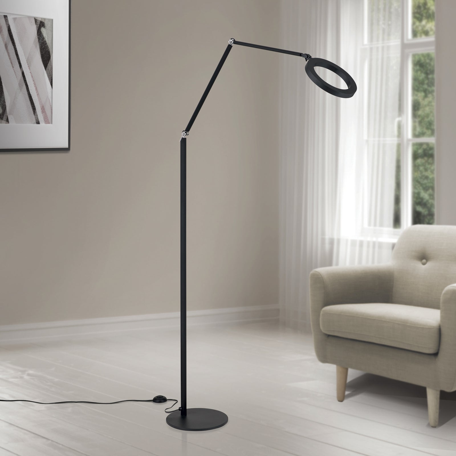 LED gulvlampe Ringo justerbar dimbar svart 18W detalj av dimmer