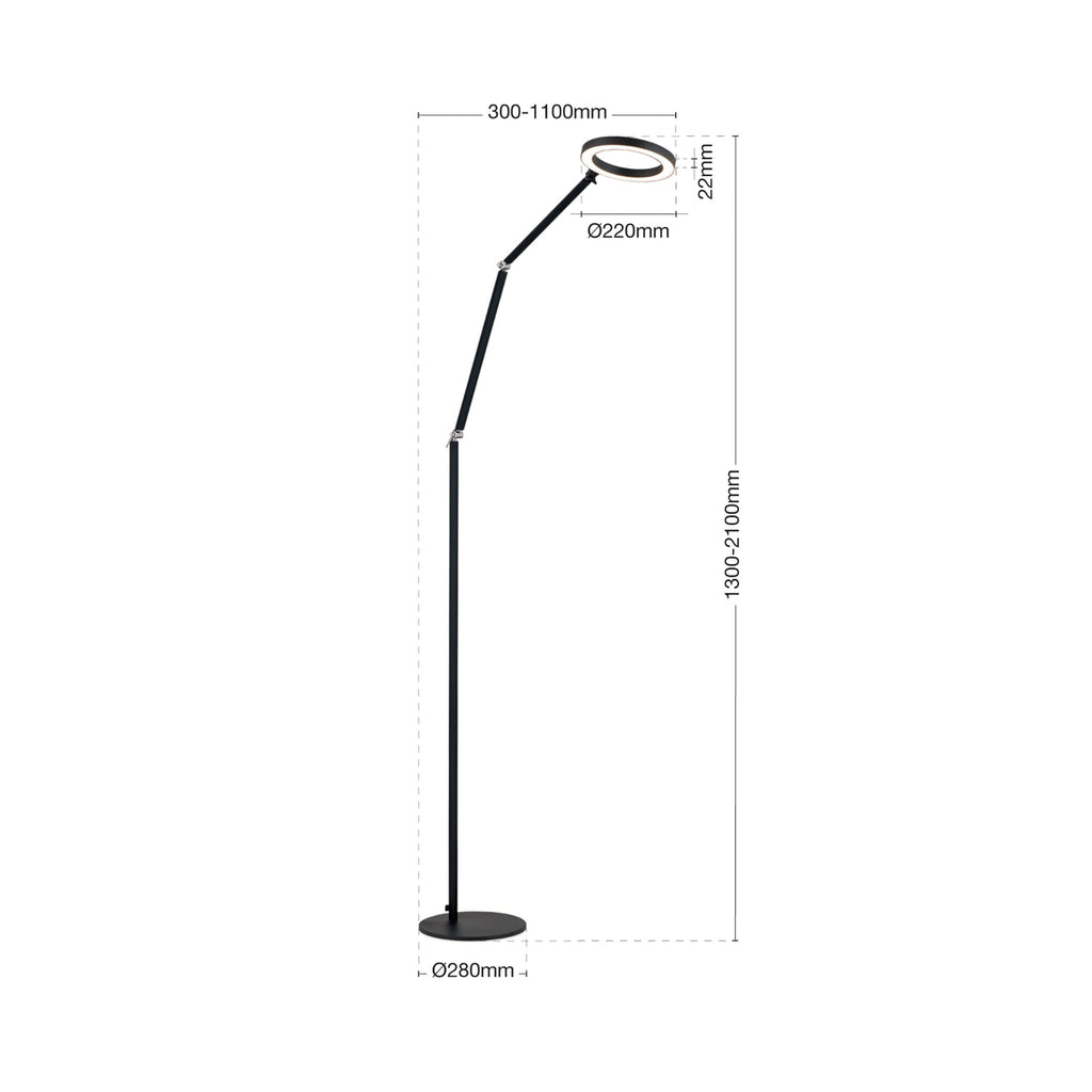 LED gulvlampe Ringo justerbar dimbar svart 18W nærbilde av lampefot