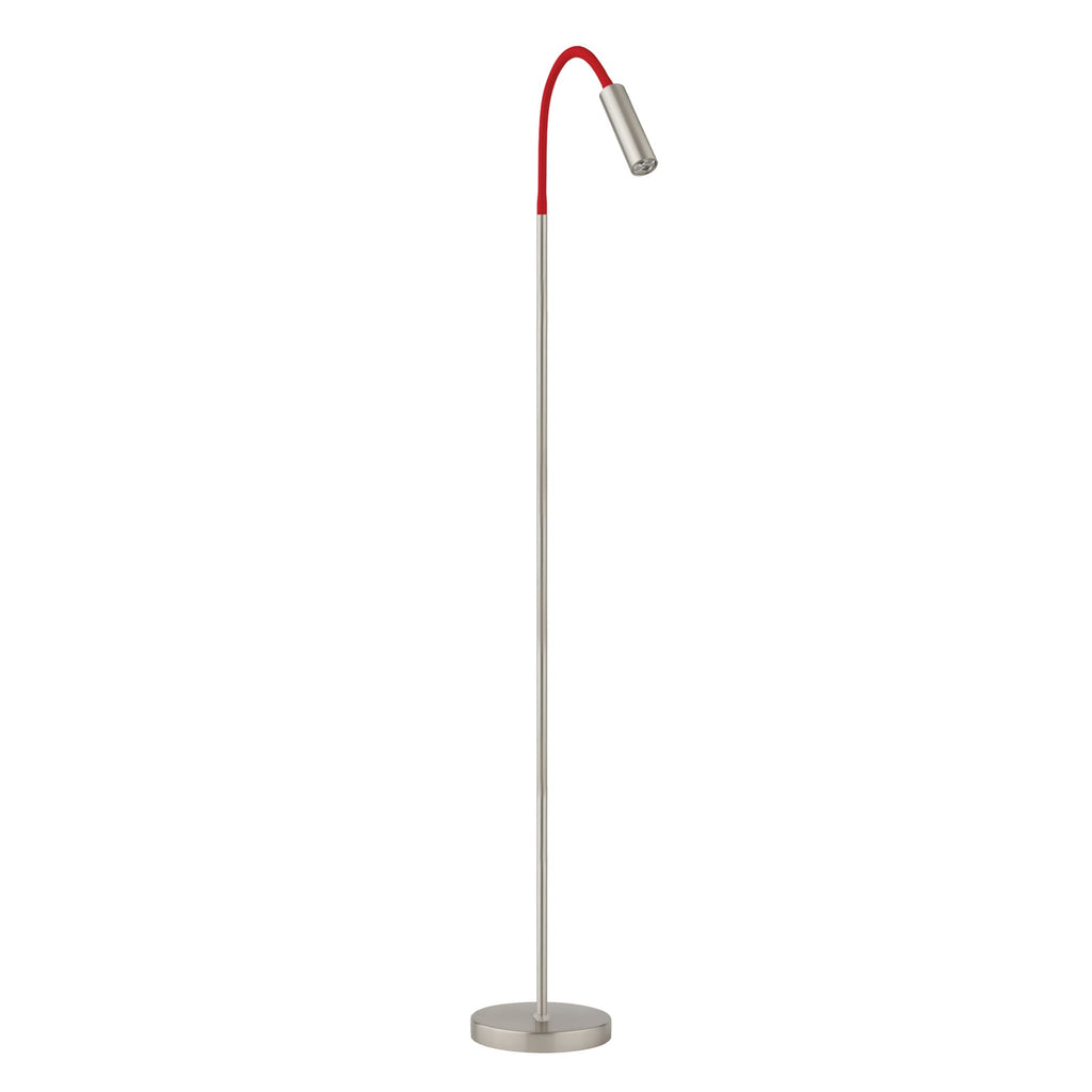 LED gulvlampe Rocco matt nikkel med rød fleksiarm forfra