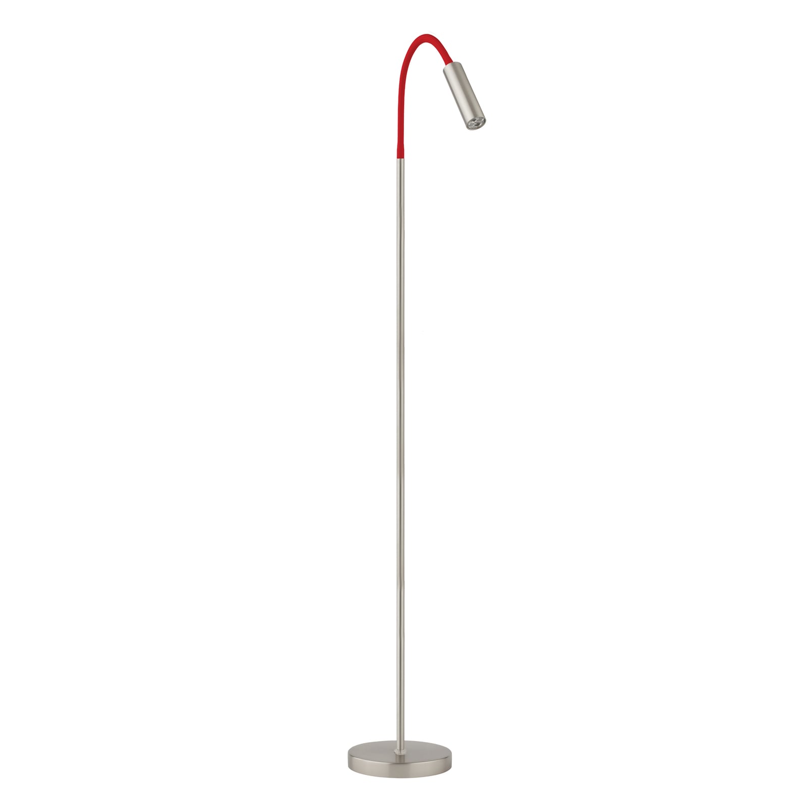 LED gulvlampe Rocco matt nikkel med rød fleksiarm forfra
