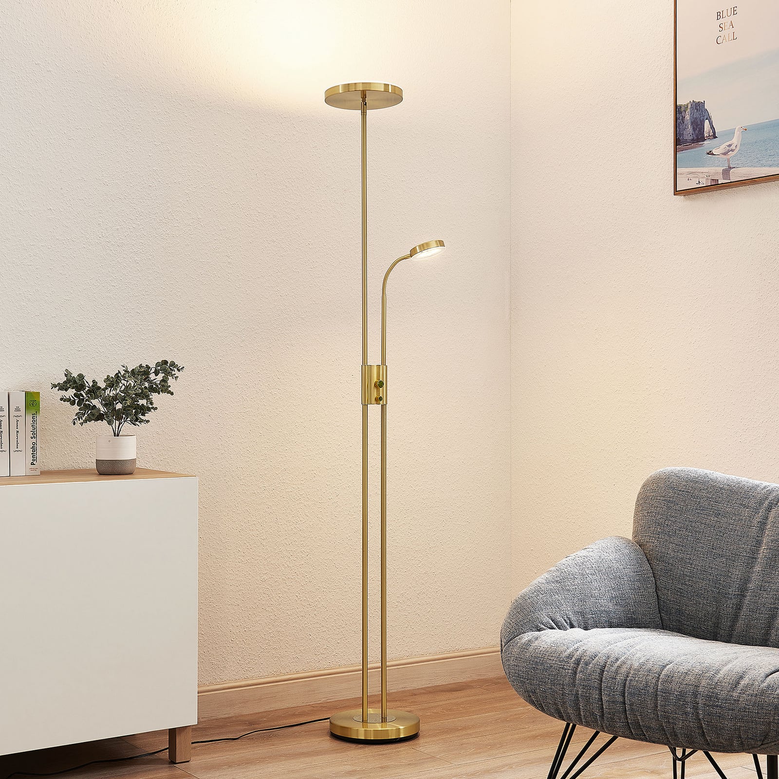 LED gulvlampe Seppa dimbar messing 180 cm foran