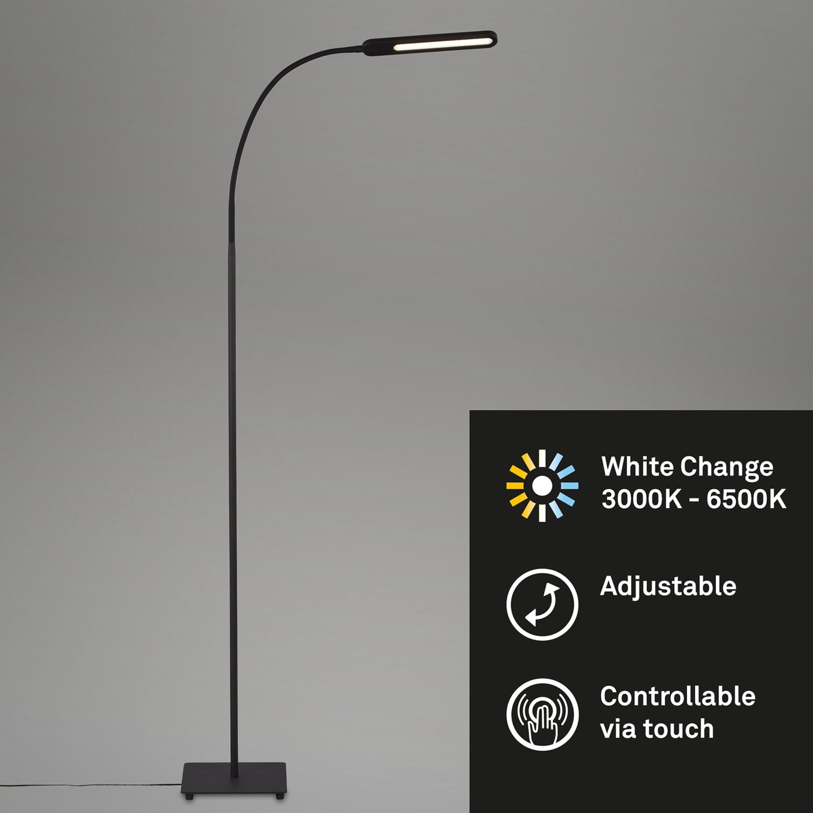 LED gulvlampe Servo dimbar CCT svart 183 cm nærbilde av touchkontroll