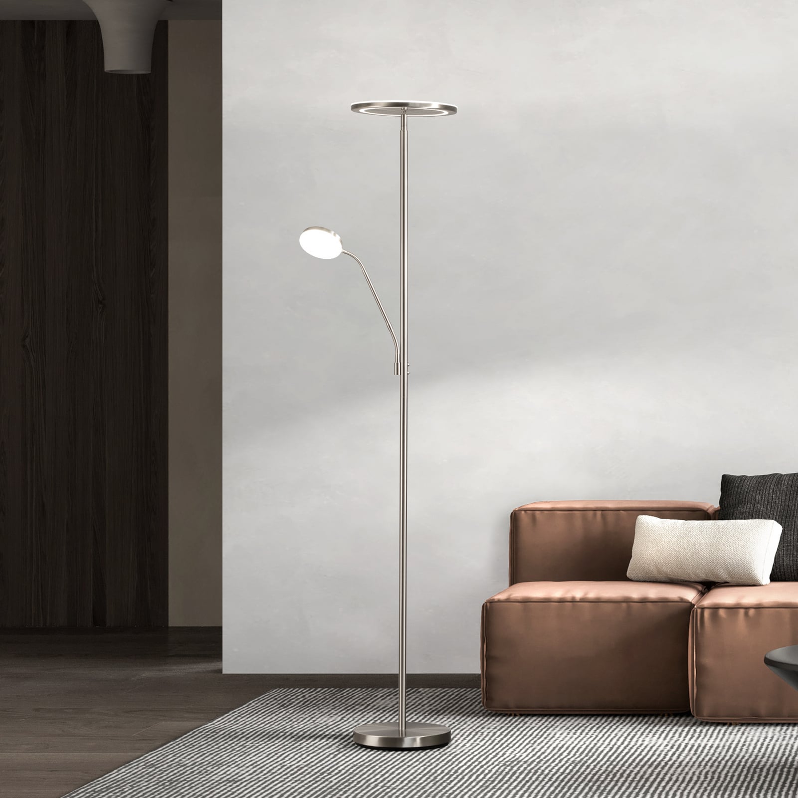 LED gulvlampe Sorento nikkel CCT dimbar med leselys forfra