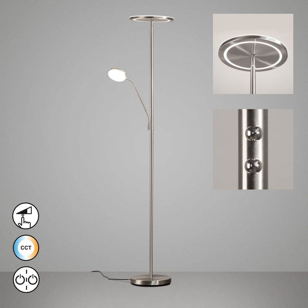 LED gulvlampe Sorento nikkel CCT dimbar med leselys detalj