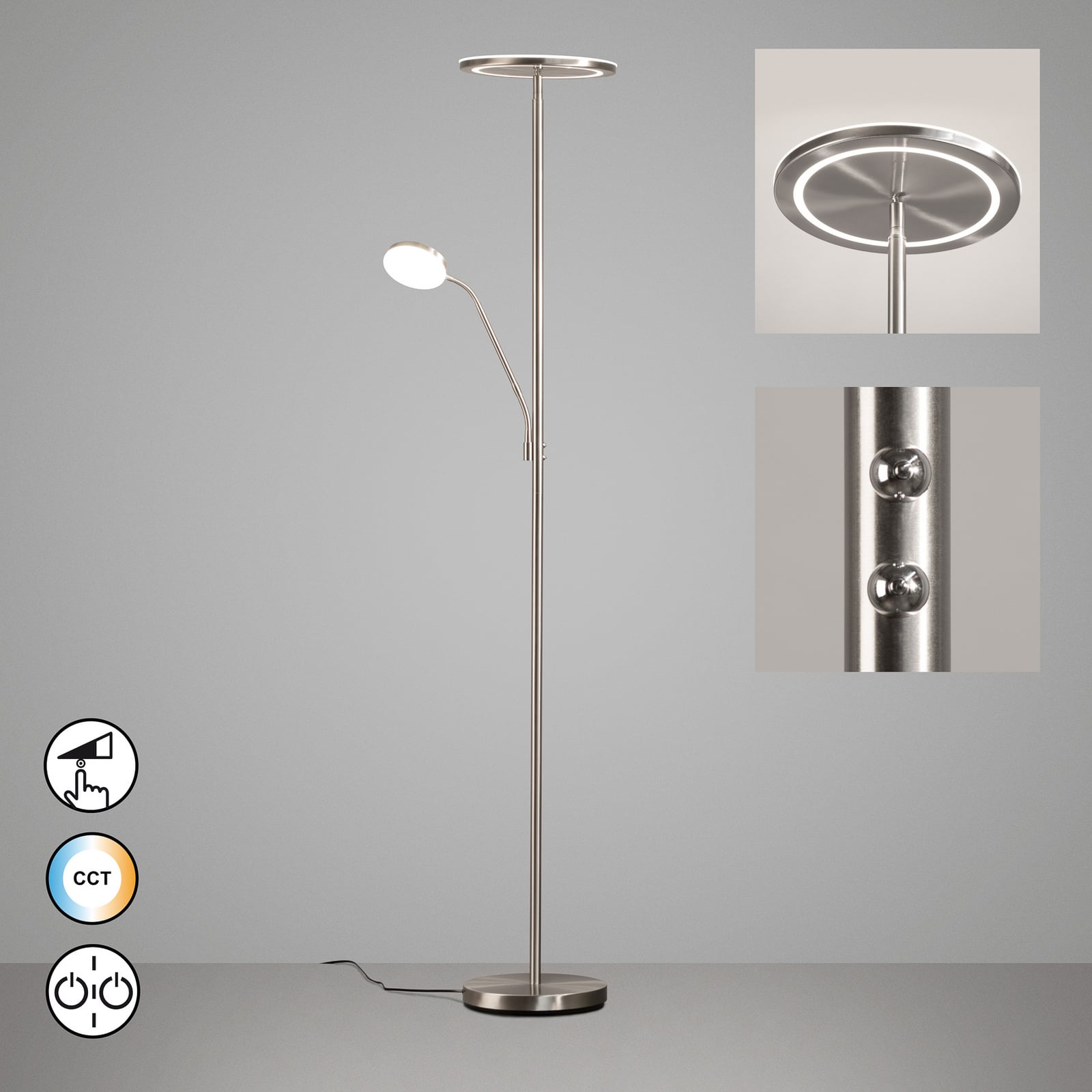 LED gulvlampe Sorento nikkel CCT dimbar med leselys detalj