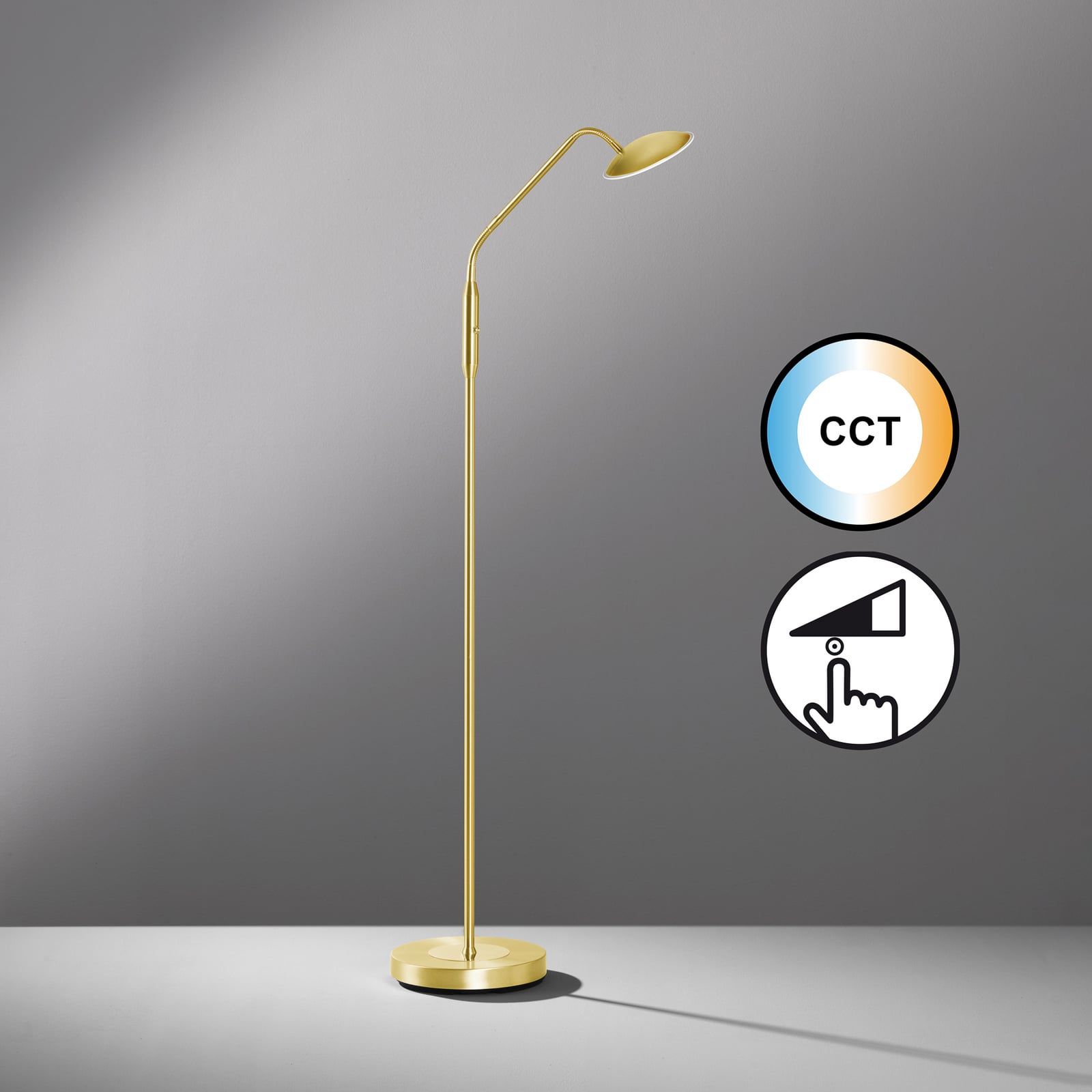 Detalj av LED-gulvlampe Tallri messing glass CCT dimbar 135 cm
