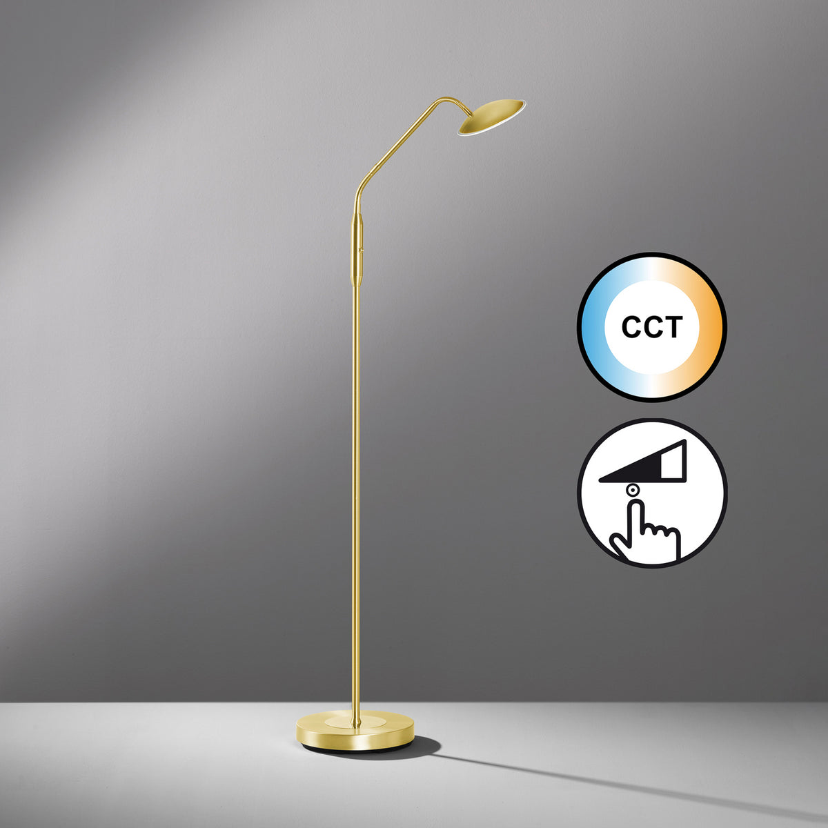Detalj av LED-gulvlampe Tallri messing glass CCT dimbar 135 cm