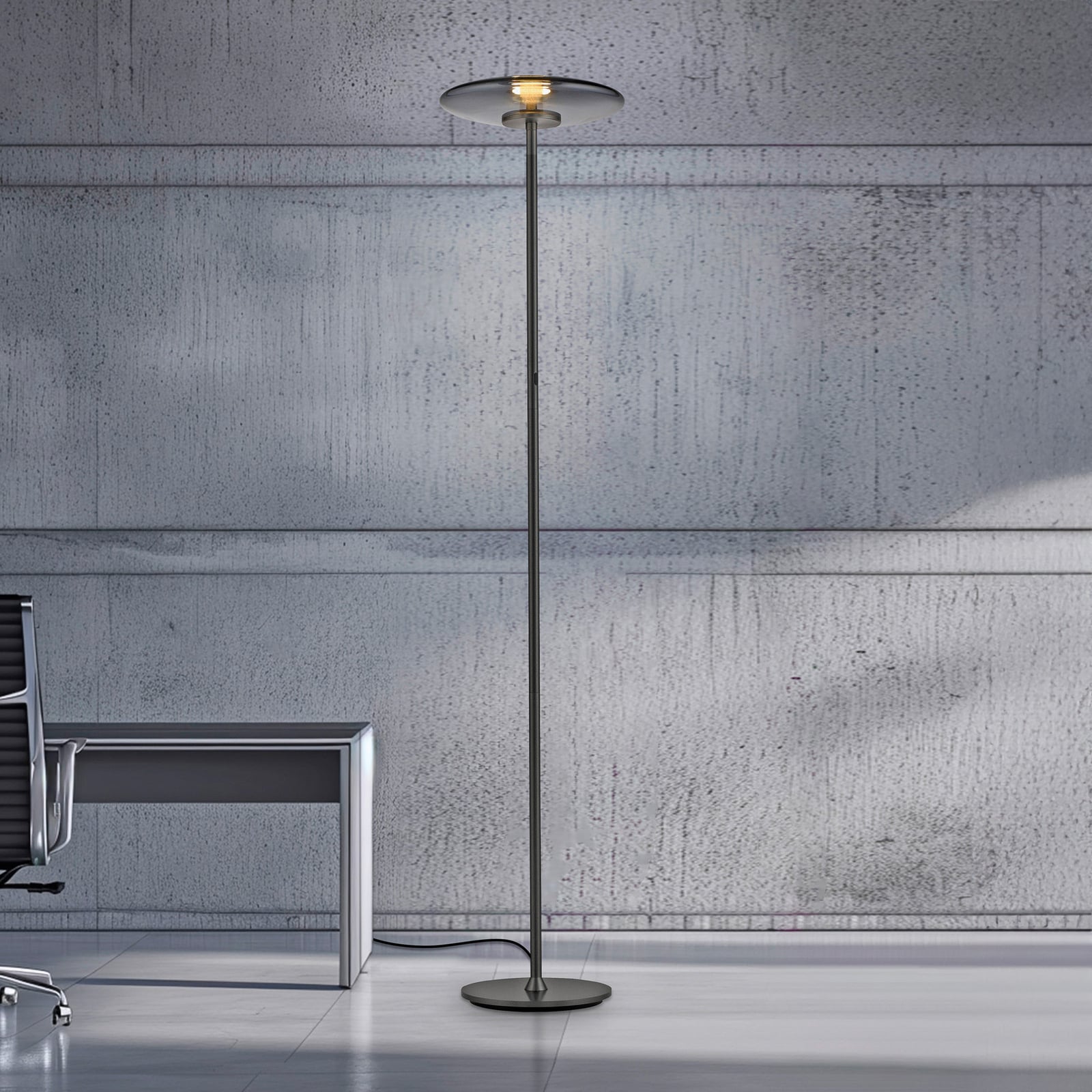 LED gulvlampe Vitrum glass røykfarget berøringsdimmer forfra