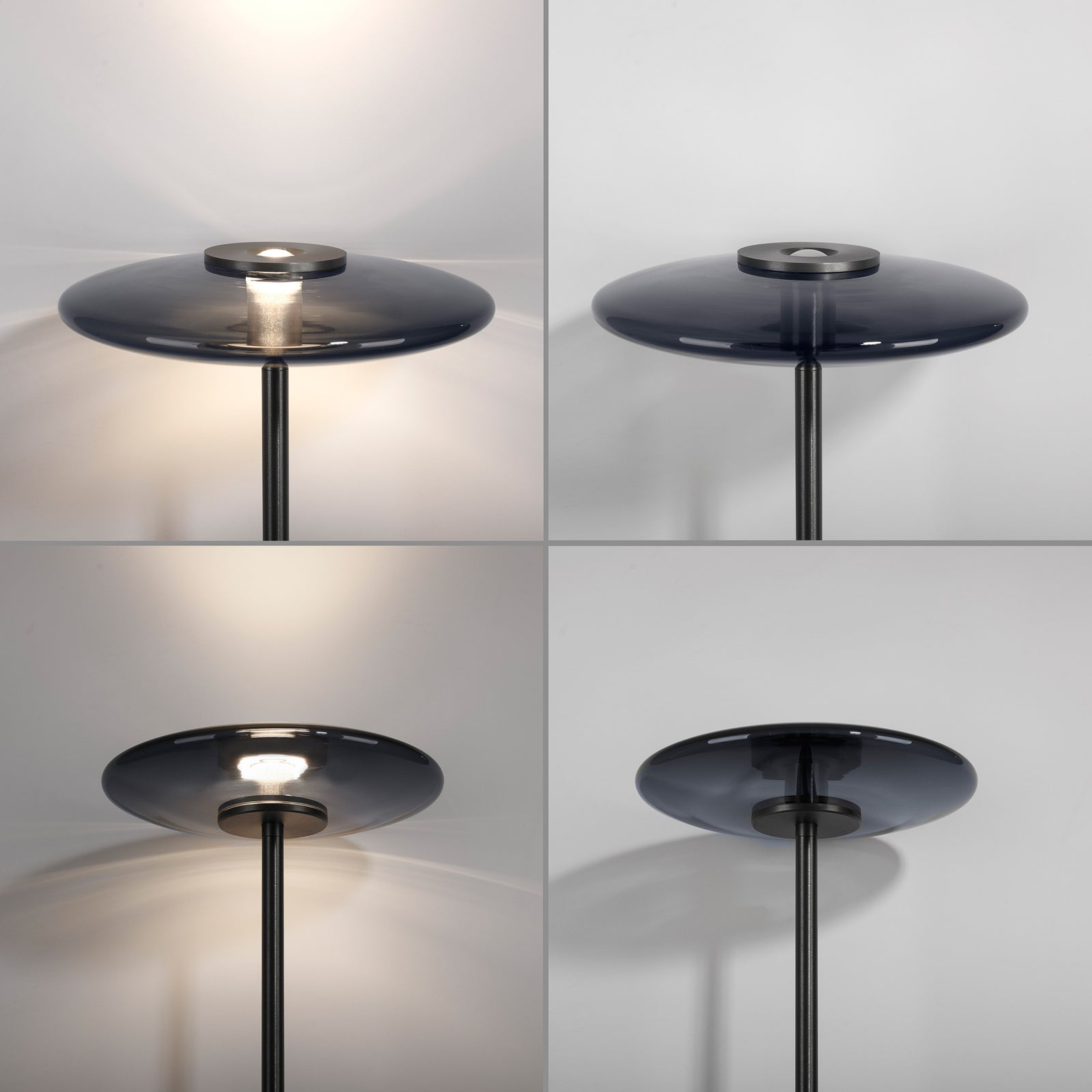 LED gulvlampe Vitrum glass røykfarget med lys på