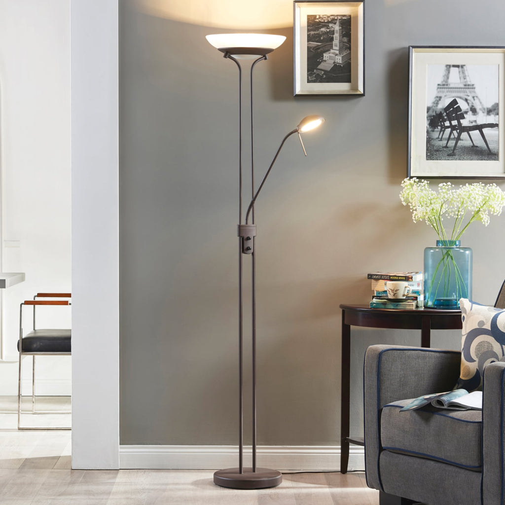 LED gulvlampe Yveta dimbar med leselampe rustfarget front