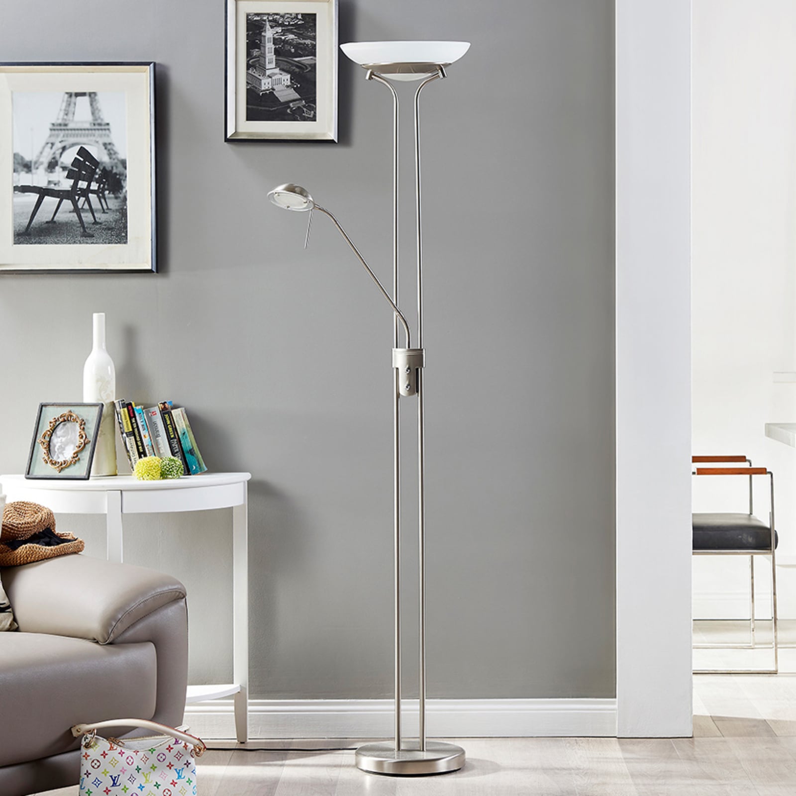 LED gulvlampe Yveta med leselys dimbar matt nikkel forfra