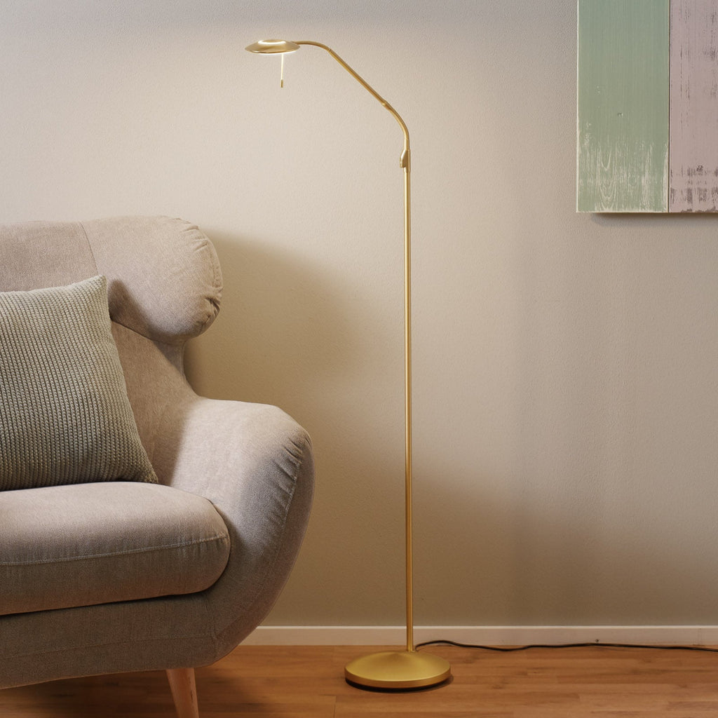 LED gulvlampe Zenit dimbar matt messing 150 cm forfra