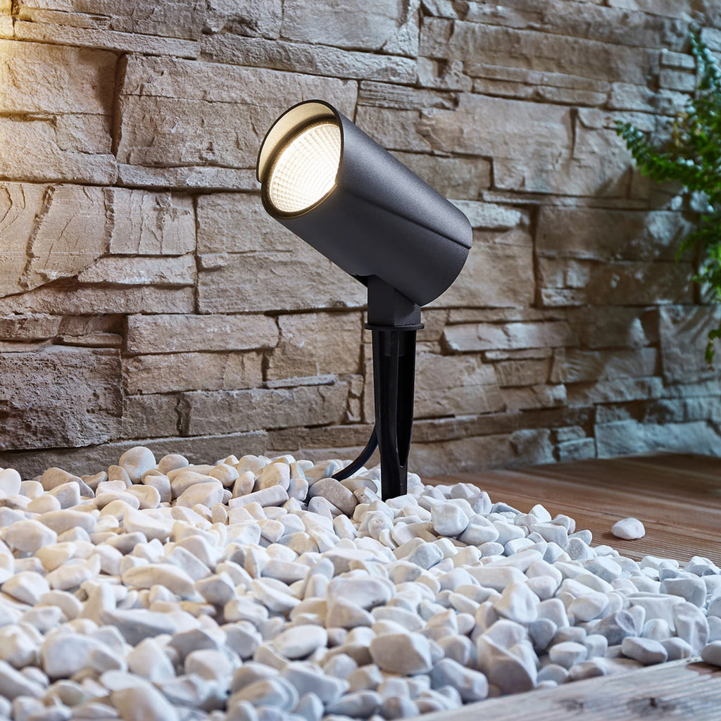 LED hagespot Anton med jordspyd antrasitt aluminium IP65 detalj