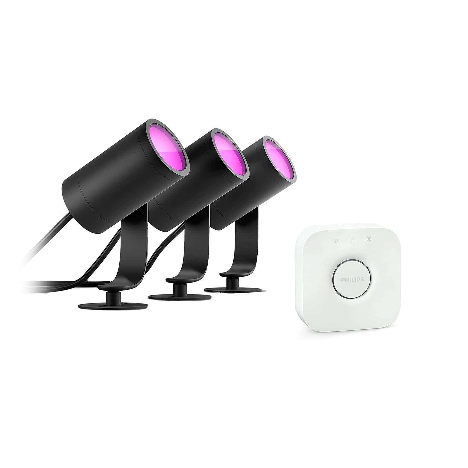 LED hagespot Lily 3-sett med Bridge RGB CCT IP65 Philips Hue forfra