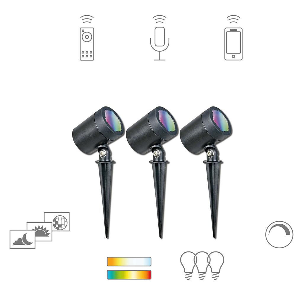 LED hagespot med jordspyd 3-pk RGB CCT IP44 Zigbee - tint forfra