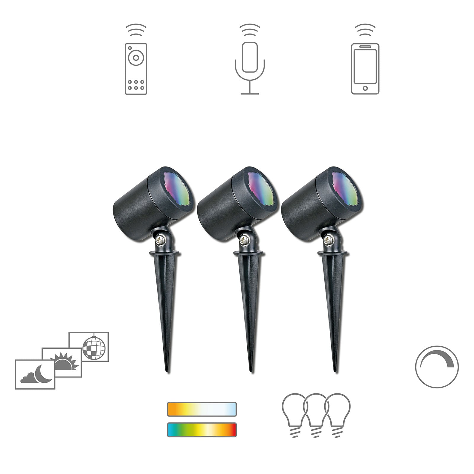 LED hagespot med jordspyd 3-pk RGB CCT IP44 Zigbee - tint forfra