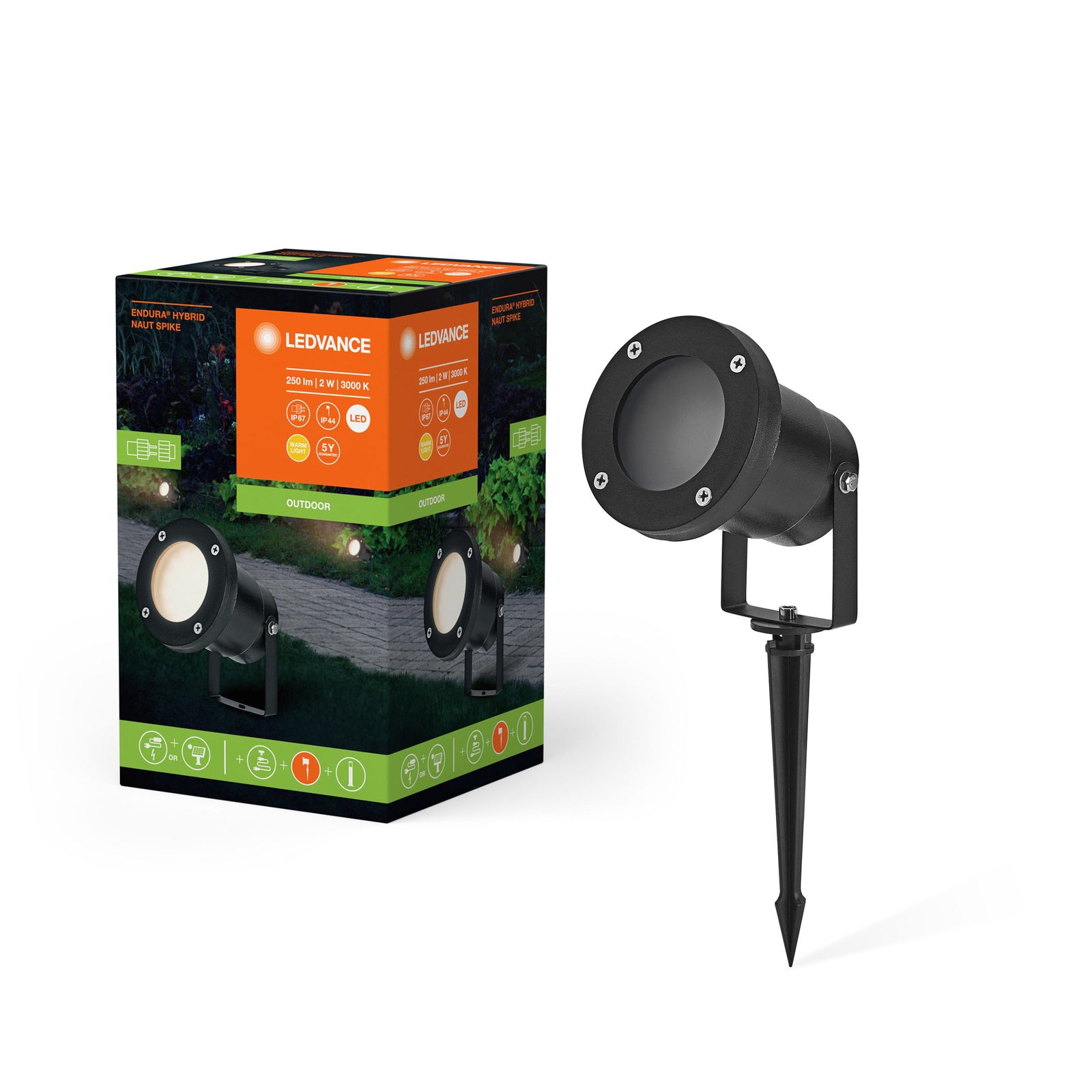 LED hagespyd Endura Hybrid Naut Spike 2W IP44 svart jordspyd