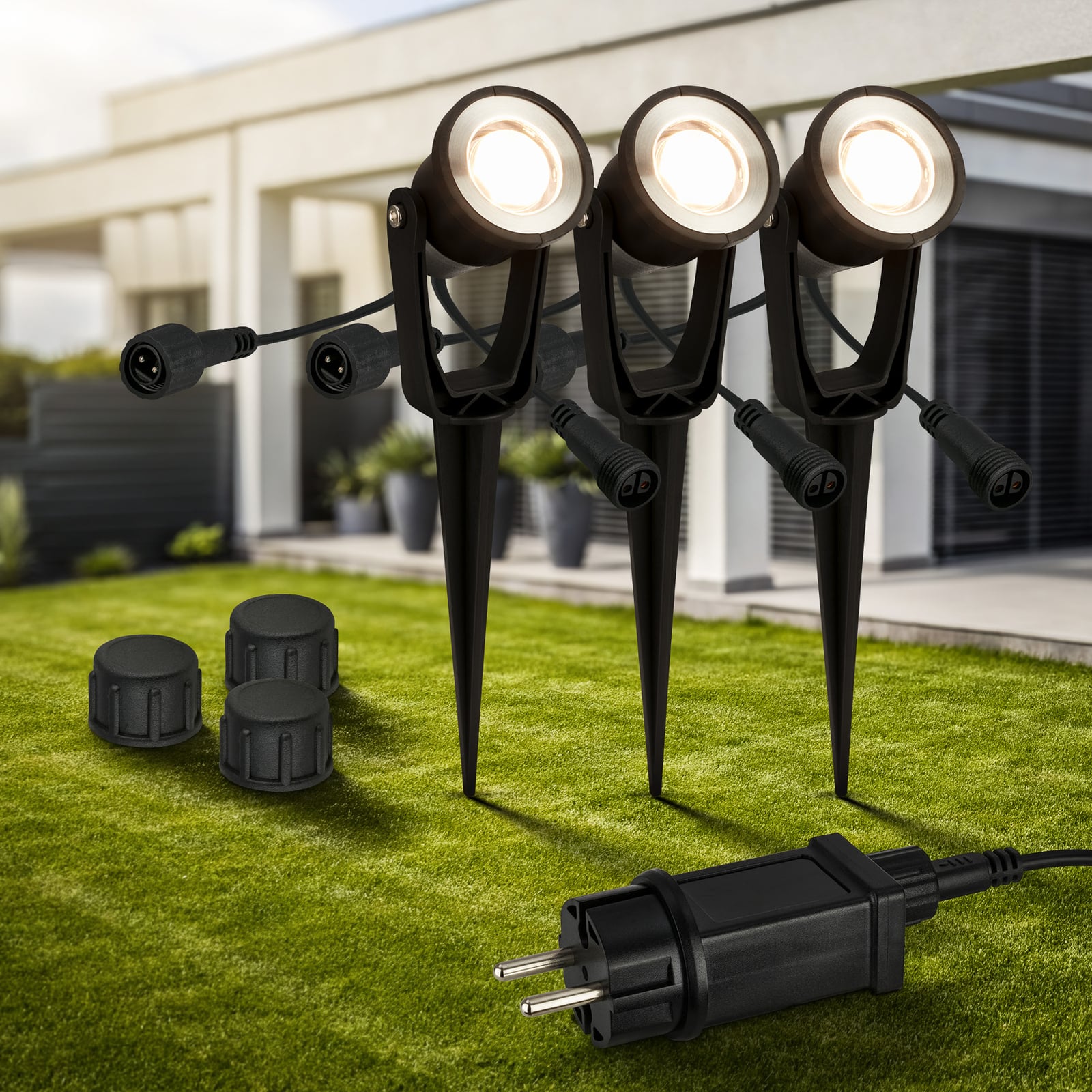 LED hagespyd-spot 3-pk svart 12V IP65 Ø5 cm 3W forfra