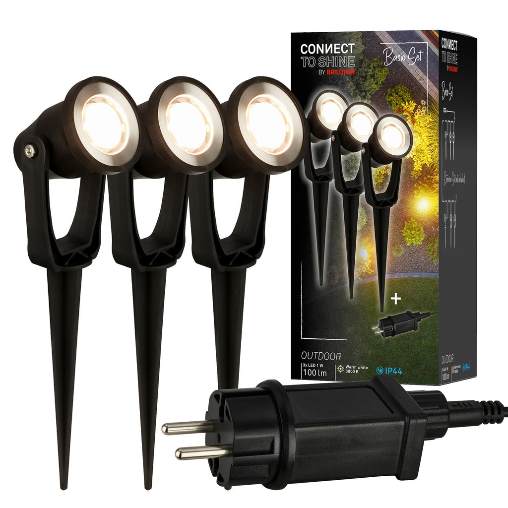 LED hagespyd-spot 3-pk svart 12V IP65 Ø5 cm 3W koblingskabel