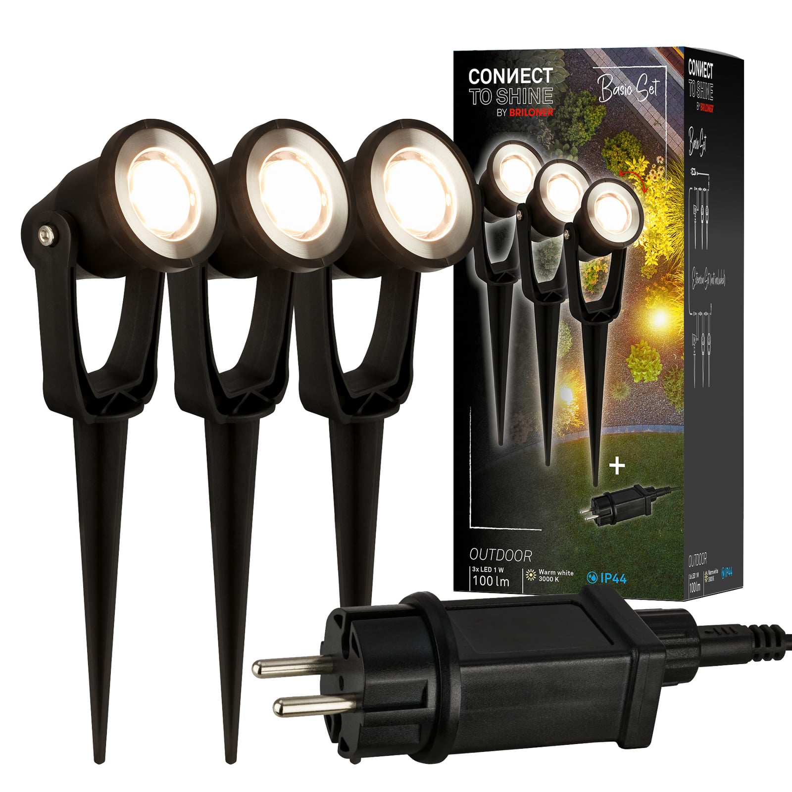 LED hagespyd-spot 3-pk svart 12V IP65 Ø5 cm 3W koblingskabel