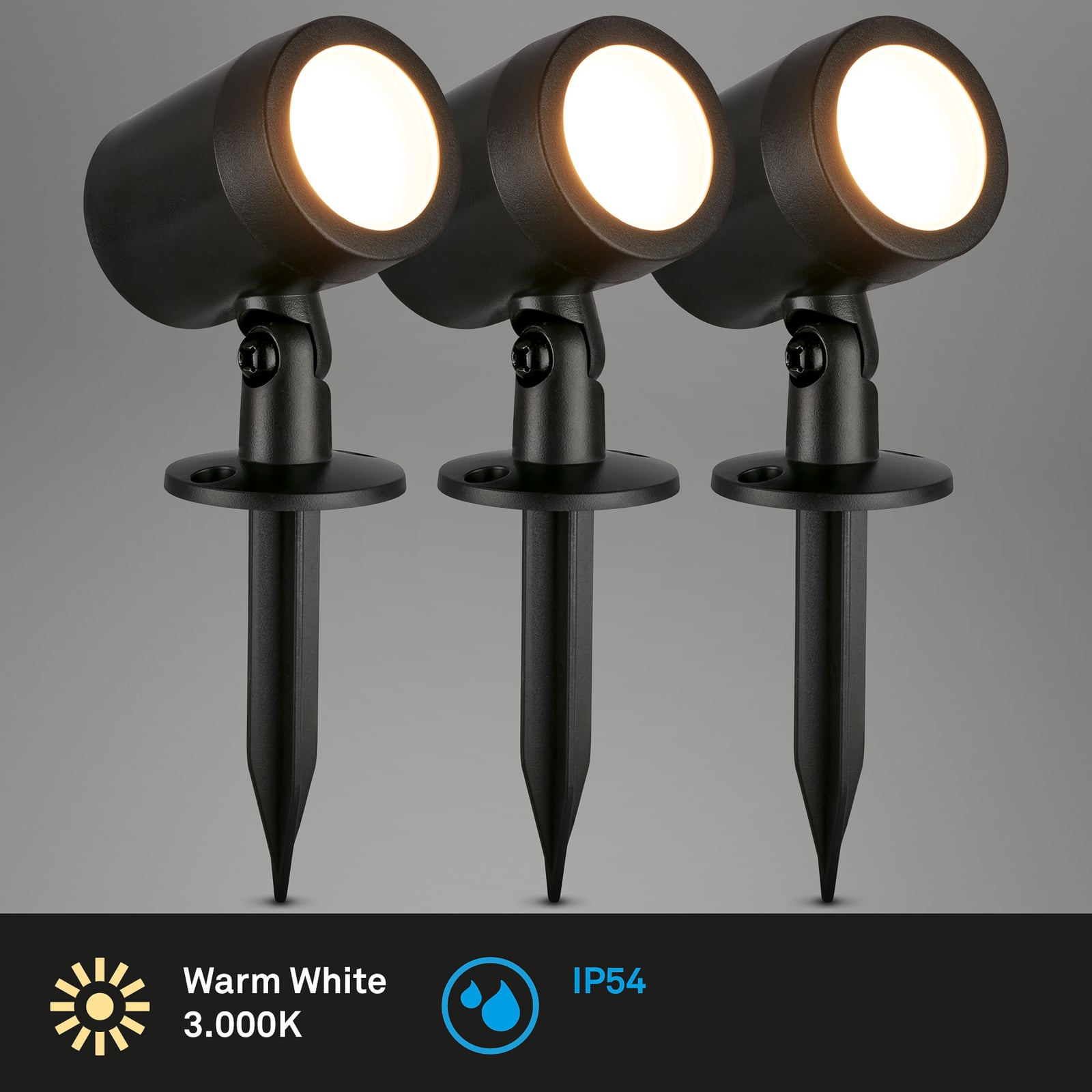 LED hagespyd-spot 3-pk svart svingbar plast IP54 nærbilde av LED-lys