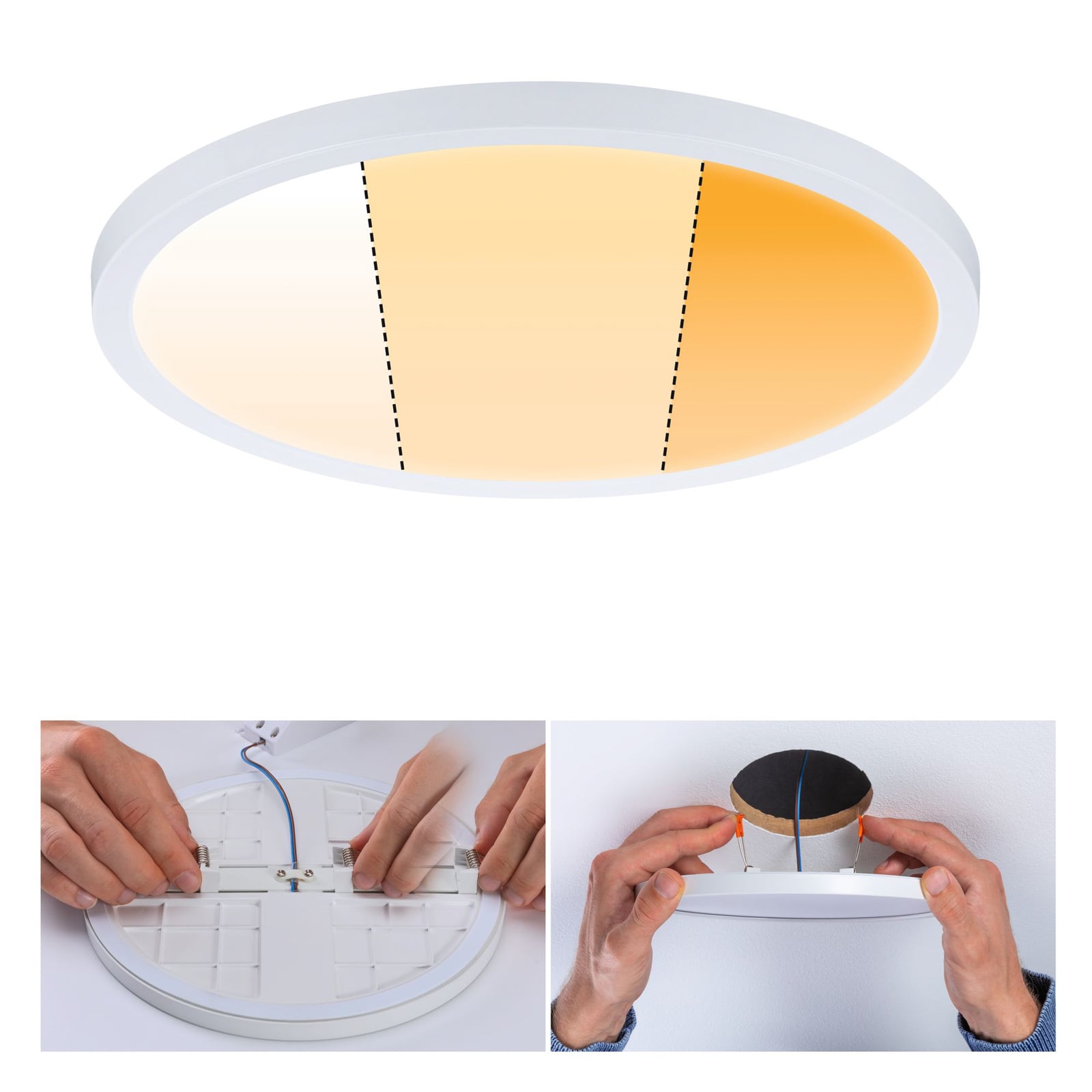 LED innbyggingspanel Areo dim-to-warm rund hvit Ø23 cm IP44 montert i tak