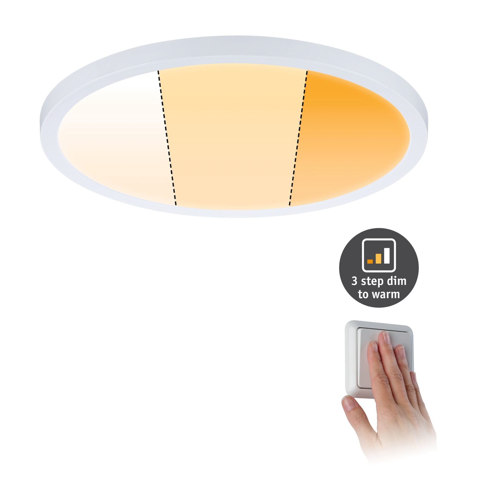 LED innbyggingspanel Areo dim-to-warm rund hvit Ø23 cm IP44 sideprofil