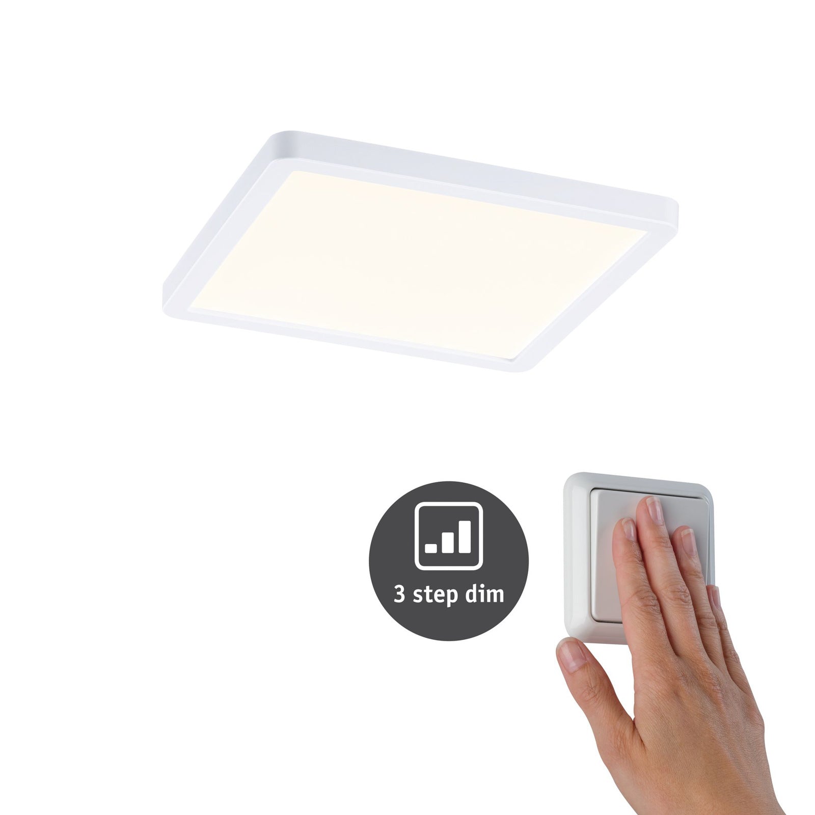 LED innbyggingspanel Areo firkantet dimbar hvit 17,5 cm IP44 med lys på