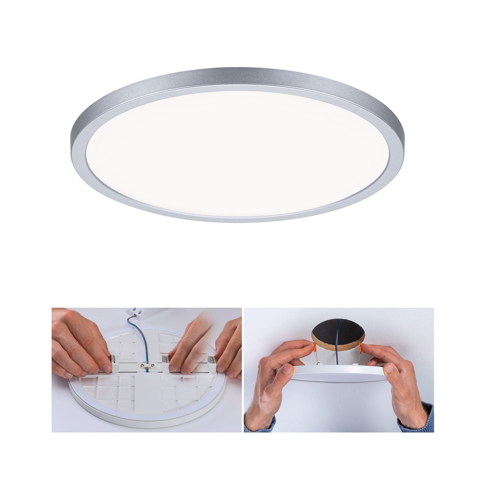 LED innbyggingspanel Areo rund krom Ø23 cm i baderomsmiljø