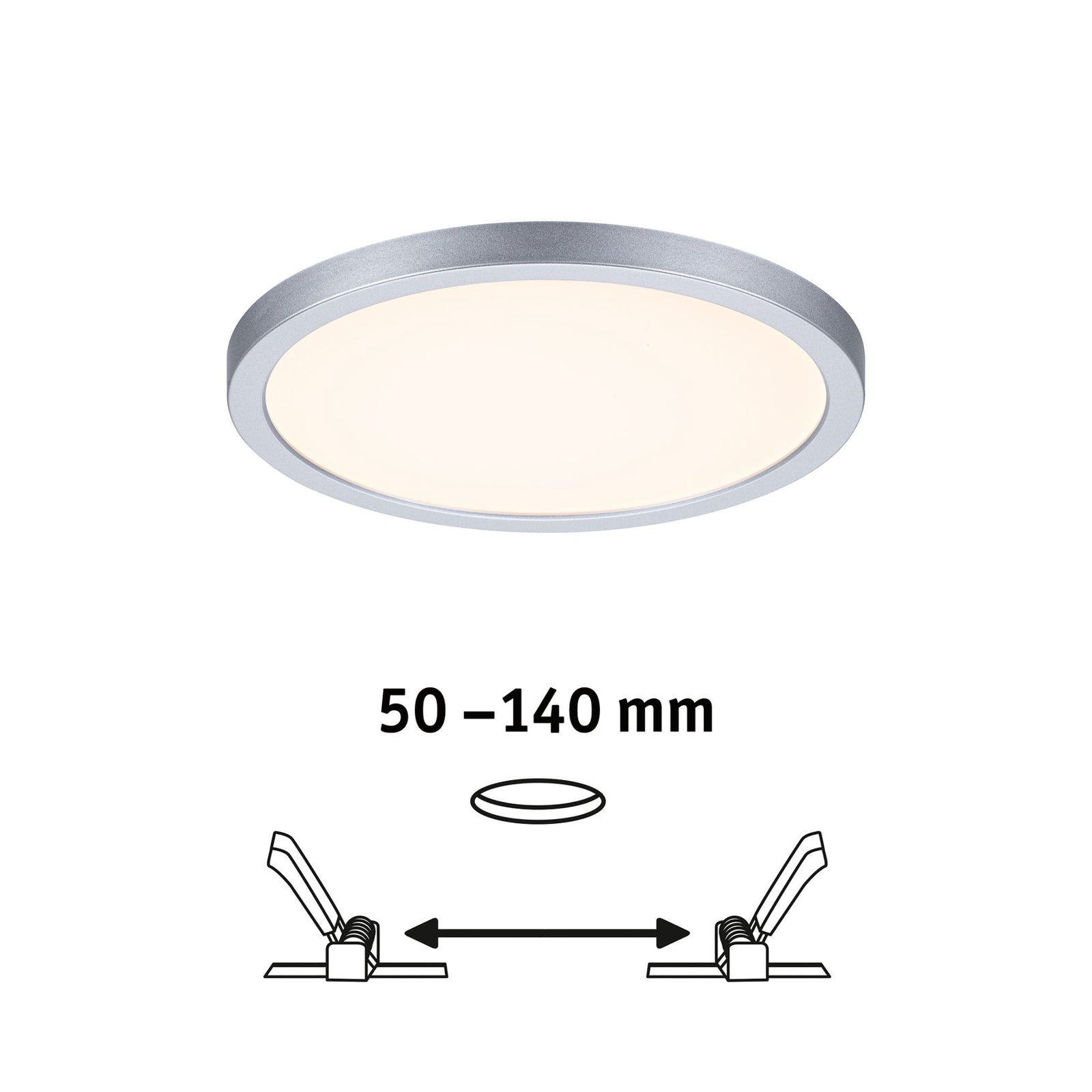 LED innbyggingspanel Areo rund krom dimbar installasjonsdetalj